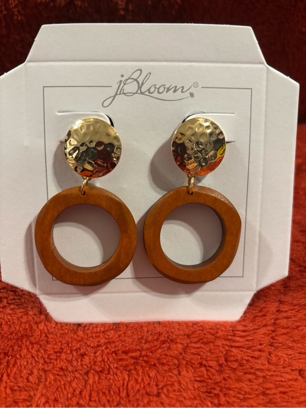 Retired J Bloom Gold and Brown Wood Hoop Drop Earrings